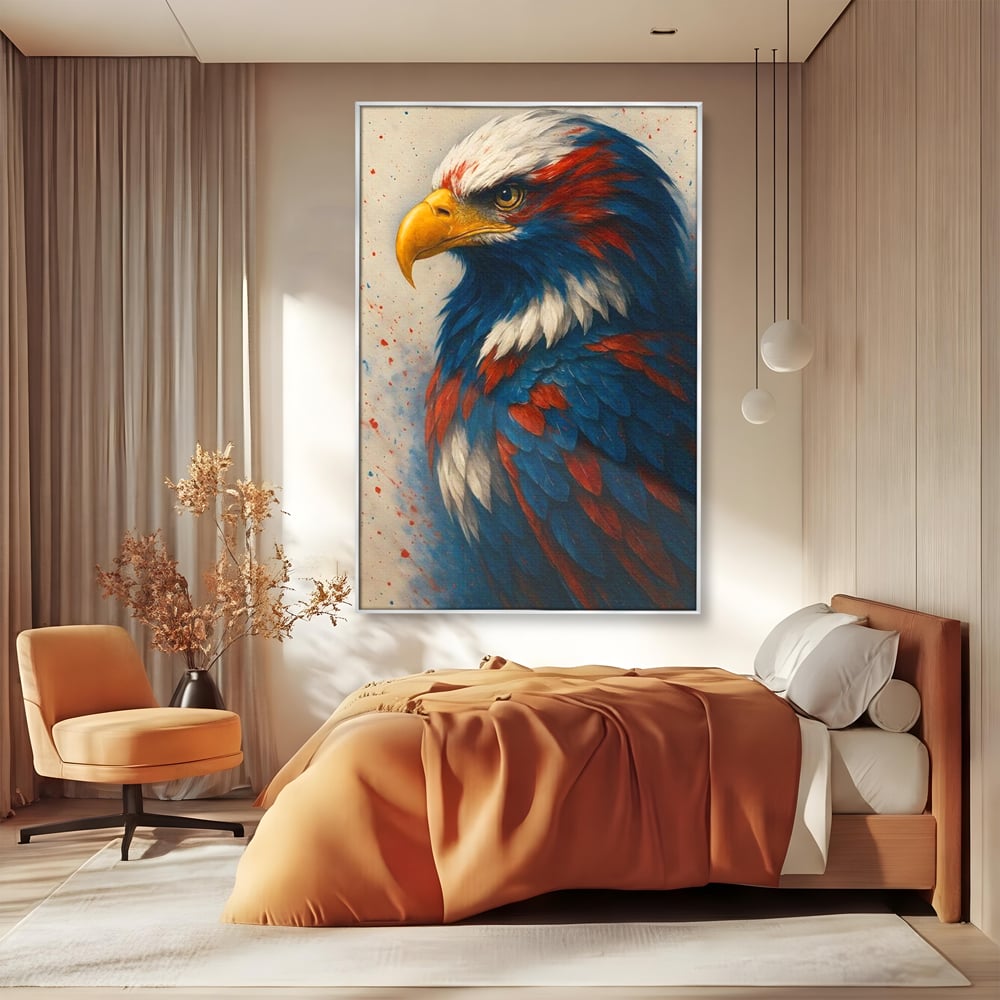 Tablou canvas cu tablou canvas cu vultur american pictat, in rama de aluminiu argintiu, pe perete intr-un dormitor